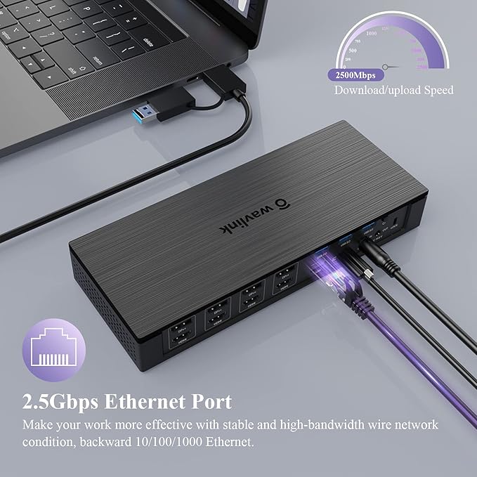 WAVLINK DisplayLink Laptop Docking Station - Quad Monitor 5K/4K@60Hz, 100W Charging - Thunderbolt 4/3, USB-C/A - M1 M2 Mac/Windows/Chrome/Ubuntu - 4 HDMI, 4 DP, 180W Power, SD 4.0 CR, 2.5Gbps LAN