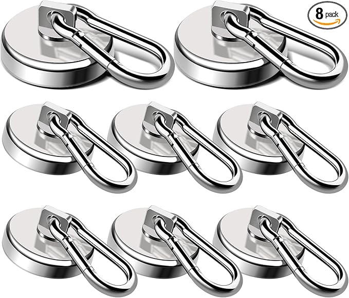 LOVIMAG Magnetic Hooks Heavy Duty, 110LBS Strong Magnetic Hooks Neodymium Magnets with Carabiner Hook, Magnet Hooks with Swivel for Grill, Hangning, Cruise, Kitchen, Garage, Refrigerator (8 Pack)