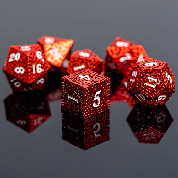 Red Metal Hollow DND Dice Set (Barbarian) Metallic Luster Maze Design with Storage Box - Balanced Weight 7 Piece Zinc Alloy, Designed for Dungeons and Dragons DM and Player RPG Accessories