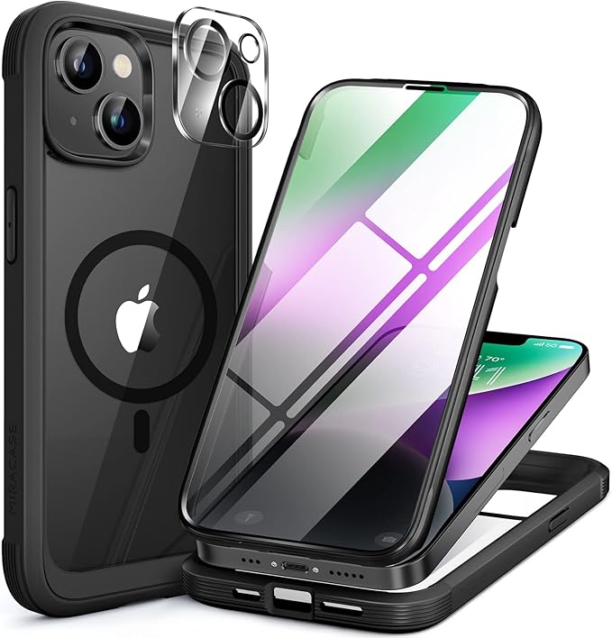 Miracase for iPhone 14 Case 6.1'', [Bubble Free] Full-Body Bumper Phone case with Built-in Full Glass Screen &Lens Protector,No Gap,Compatible with MagSafe,Drop Proof 14 Cover,Black