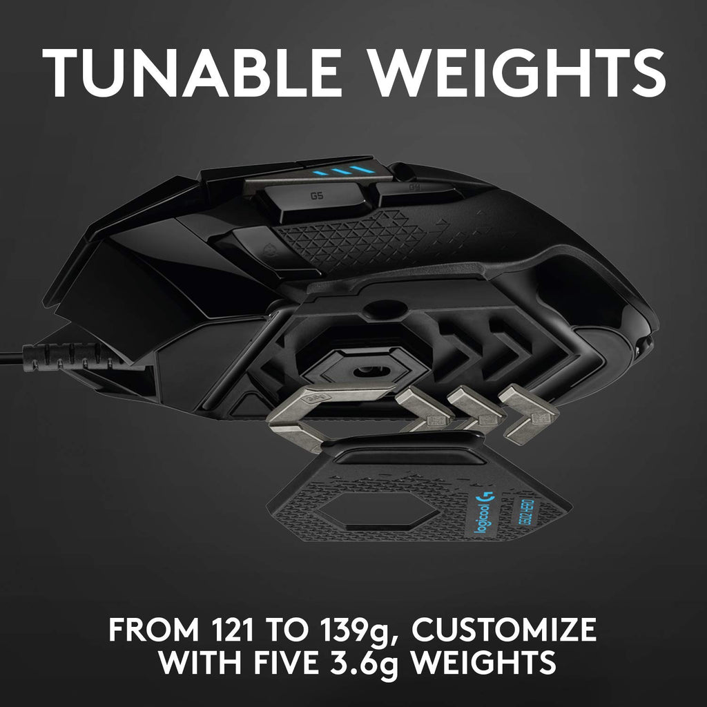 Logitech G502 Hero High Performance Wired Gaming Mouse, Hero 25K Sensor, 25,600 DPI, RGB, Adjustable Weights, 11 Programmable Buttons, On-Board Memory, PC/Mac - Black