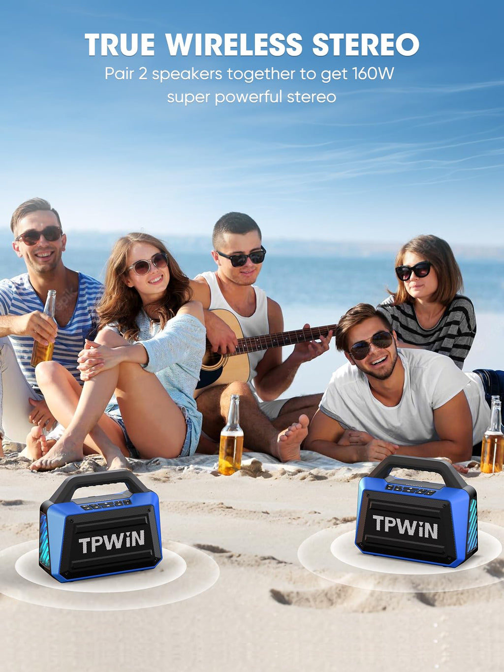 TPWIN Portable Bluetooth Speakers Loud - Wireless Speaker 80W Peak, Light Show, 20H Playtime, Strong Bass, BT 5.3, TWS, IPX6 Waterproof for Outdoor Travel Beach Camping - Blue