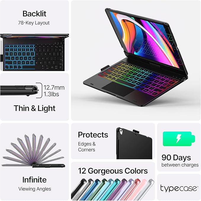 typecase Touch for iPad 9th Generation Case with Keyboard (10.2", 2021),Multi-touch Trackpad,10 Color Backlight, 360° Rotatable, Thin & Light for 8th Gen (2020),7th Gen (2019), Air 3,Pro 10.5 (Black).