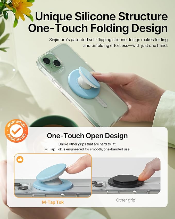 Sinjimoru for MagSafe Phone Grip, Soft Silicone Magnetic Finger Grip for iPhone 16/15/14/13/12, Comfortable One-Touch Holding, M-Tap Tok Blue