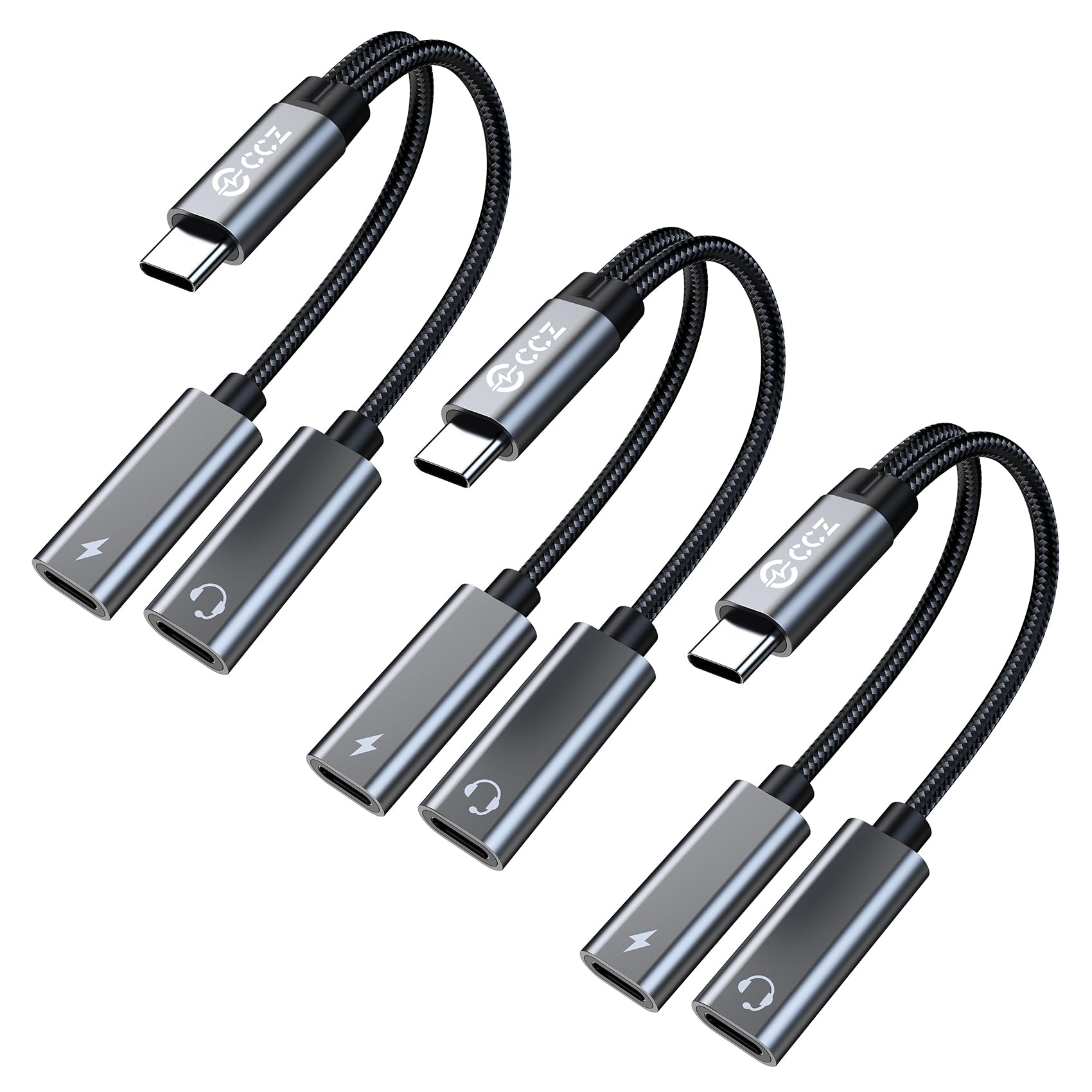 Dual USB C Audio Adapter and Charger Audio Adapter,2 in 1 Hi-Res 16bit/48kHz DAC Aux to USB C with 60W PD Fast Charging Dongle Cable for iPhone 16 Pro Max, Galaxy S25Ultra, iPad Pro(USB-USB, 3Pack)
