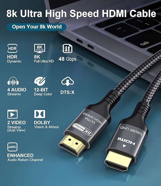 Certified 10K 8K HDMI 2.1 Cable 10 FT, 48Gbps Ultra High Speed HDMI Cable with Ethernet 4K 240Hz 165Hz 144Hz 120Hz 8K60Hz eARC HDCP2.3 HDR10+ PC Laptop TV Monitor Projector