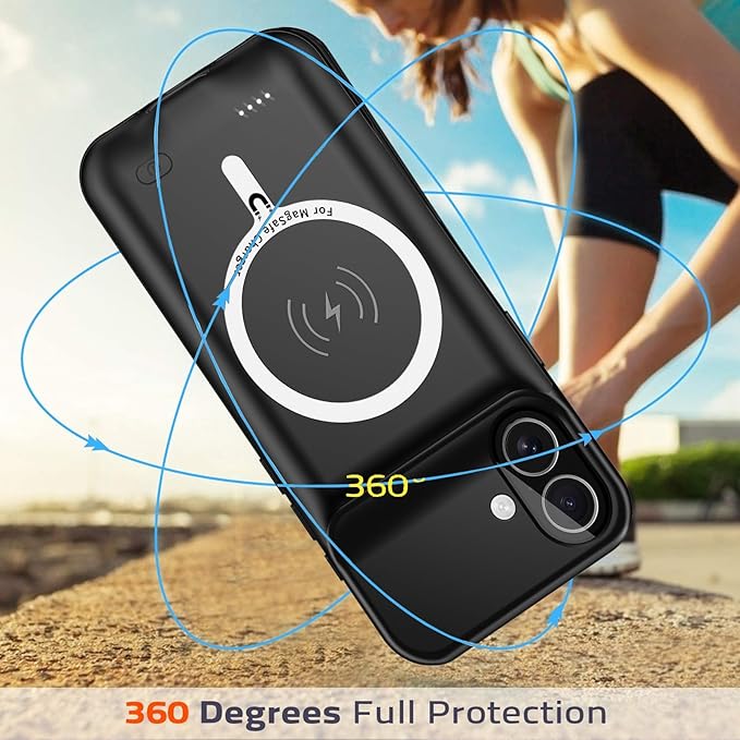 Battery Case iPhone 16 Plus, Upgraded 12000mAh Rechargeable Portable Extended Battery Pack Supported Qi Wireless Charging Case Compatible with iPhone 16 Plus (6.7 inch) Charger Case Power Bank (Black)