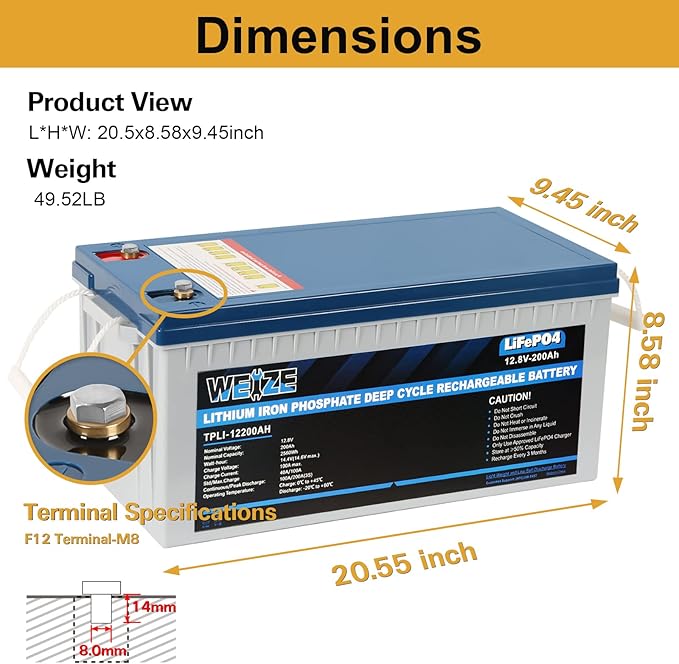 Weize 12V 200Ah LiFePO4 Lithium Battery, Built-in Smart BMS, 8000+ Deep Cycles, Low Temperature Protection Rechargable Battery Perfect for RV, Solar, Marine, Overland/Van, and Off Grid Applications