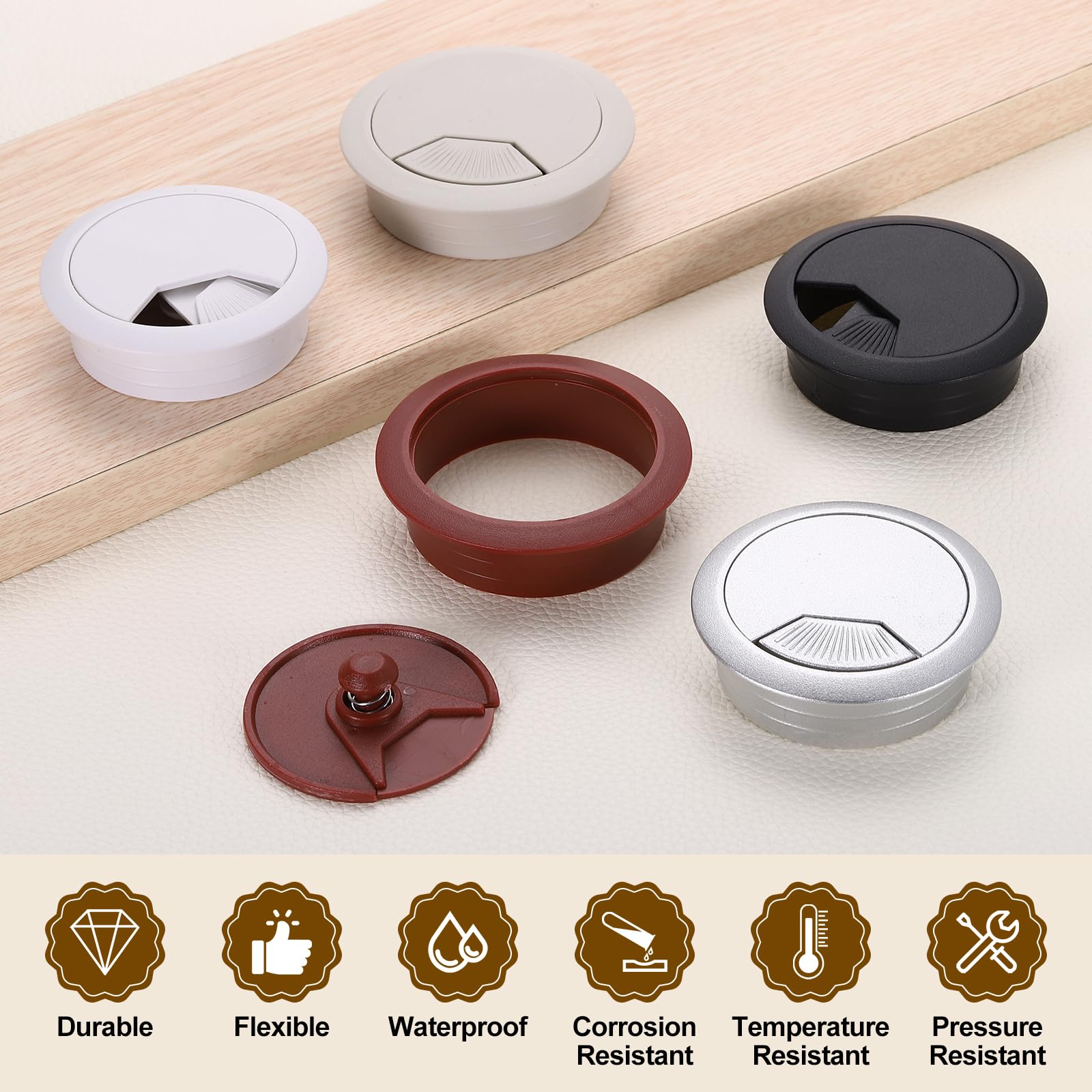 uxcell 8 Pcs 50mm (1.97 Inch) Desk Grommet, Plastic Cable Hole Cover, Wire Cord Cable Organizer for Home Office Computer Desk Cabinet, Brown