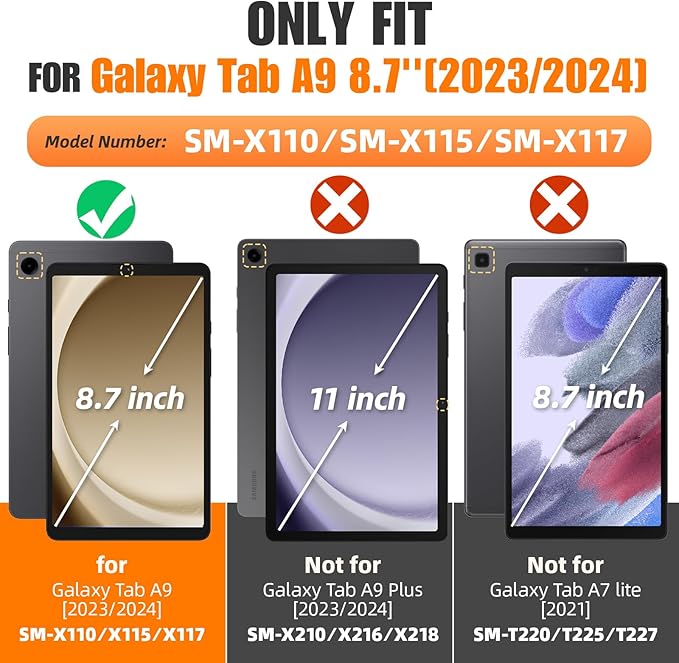 SEYMAC stock Case for Samsung Galaxy Tab A9 8.7'', Full-Body Drop Protection Case with Screen Protector Pencil Holder [360° Rotating Hand Strap] &Stand, Black