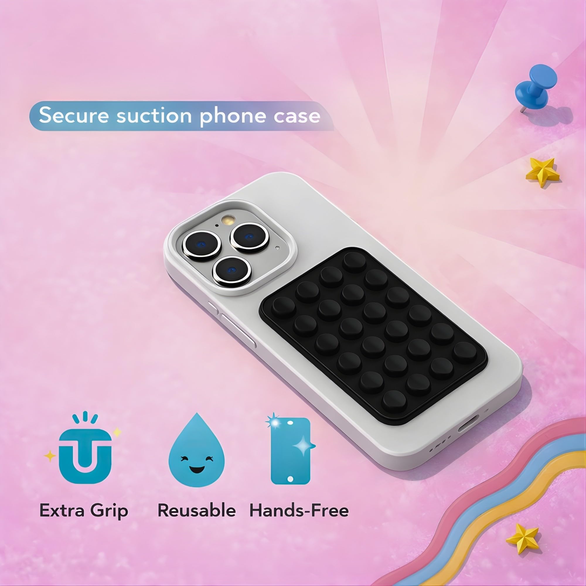 Suction Phone Case Mount, Phone Sticky Grip for iPhone and Android, Adhesive Phone Accessory, Hands-Free Mirror Shower Phone Holder for Videos and Selfies (Black)