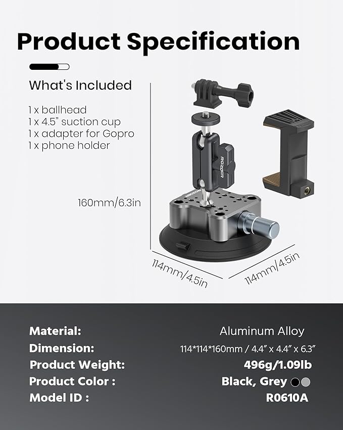 4.5" Suction Cup Camera Mount Universal Car Mount for Osmo 360 Camera, Phones, for Go-pro, for Insta360 Action Cams with 3.84" Magic Arm