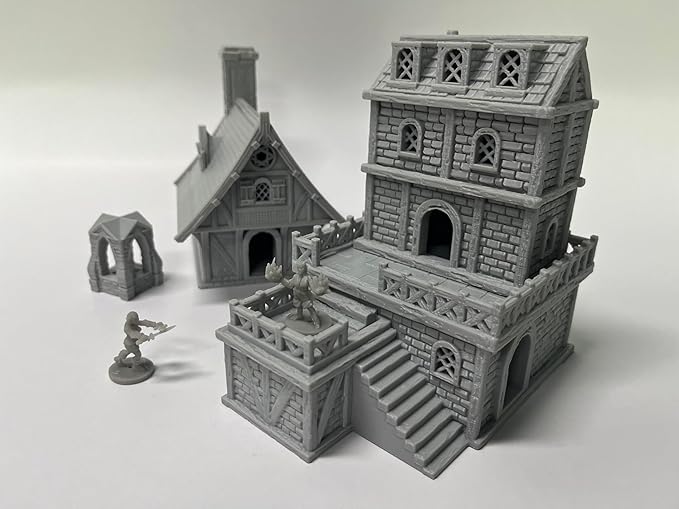 Medieval Miniature Building Terrain Set Compatible with Tabletop RPG War Games, Dioramas Building Set, Paintable, Gift for Tabletop Hobby Enthusiasts by HAUTICO (18mm Scale)