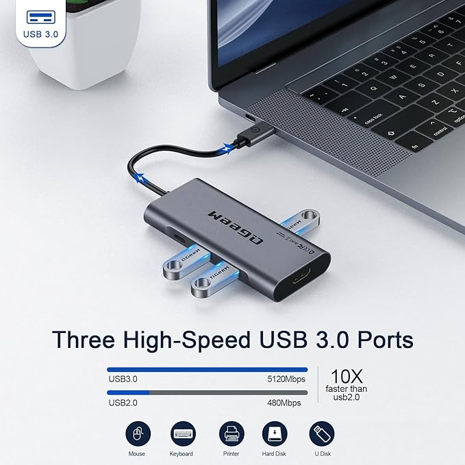USB C Hub, QGeeM USB 4k to HDMI Adapter, 7 in 1 USB-C Dongle with 100W PD,USB 3.0, Card Reader, Compatible for MacBook iPhone 15/16 Ipad Pro max,Chromebook Laptop USB Type C Dock-Classic Grey