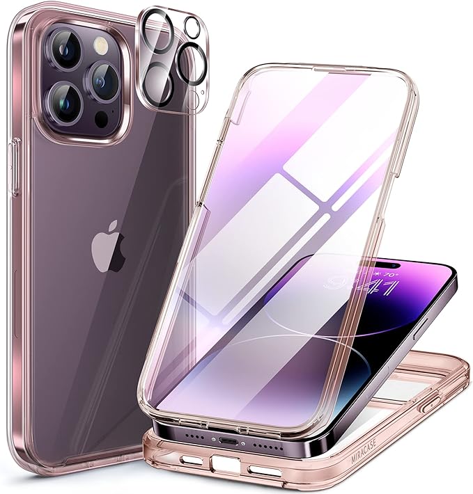 Miracase Glass Series Designed for iPhone 14 Pro Max Case 6.7 Inch, Upgrade Full-Body Bumper Case with Built-in 9H Tempered Glass Screen Protector, with Camera Lens Protector, Clear Pink