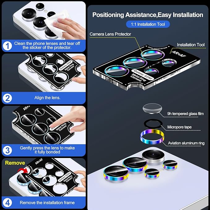for Samsung Galaxy S25 Ultra Camera Lens Protector, Individual Metal Ring Tempered Glass Lens Cover, [Strong Adsorption] Scratch Resistant Ultra-Thin HD Clear Lens Cover, 1 Set-Colorful Ring