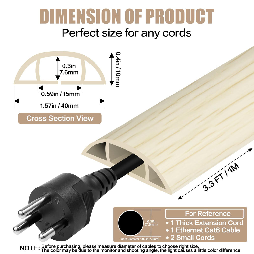 Floor Cord Cover Self Adhesive Cord Hider,3.3FT Cable Management, Extension Strip Protector for Wires, Prevent Cable Trips for Offices, Gyms, Exhibitions Cavity:0.51"(W) x 0.3"(H) Yellow Wood