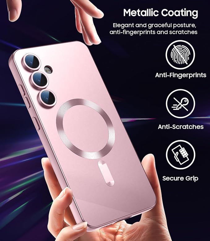 Magnetic for Samsung Galaxy S24 Plus Case [Compatible with MagSafe][Built-in Camera Lens Protector] Slim Soft Silicone Bumper Shockproof Metallic Luster Phone Case (Rose Gold)