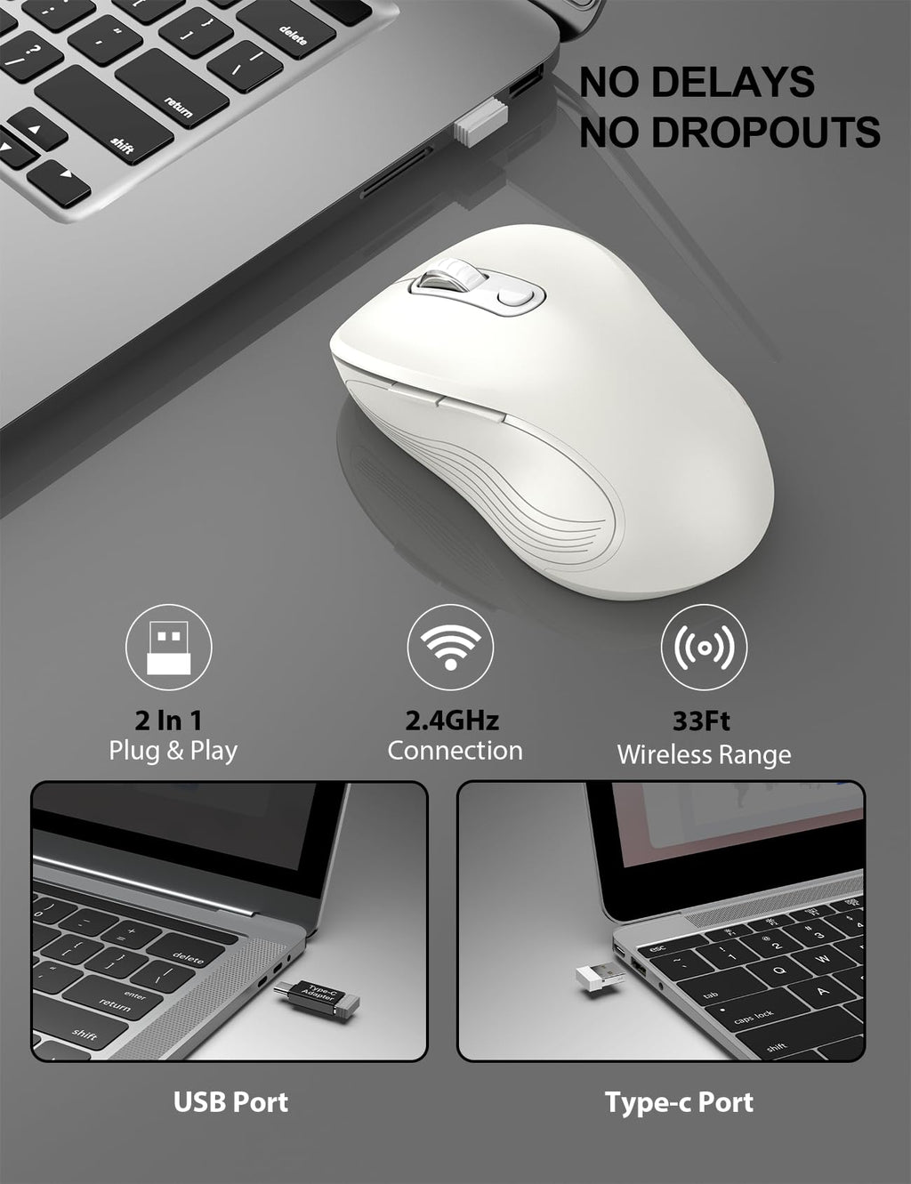 Trueque Wireless Mouse for Laptop, Ergonomic 6-Button Mouse, Pure White