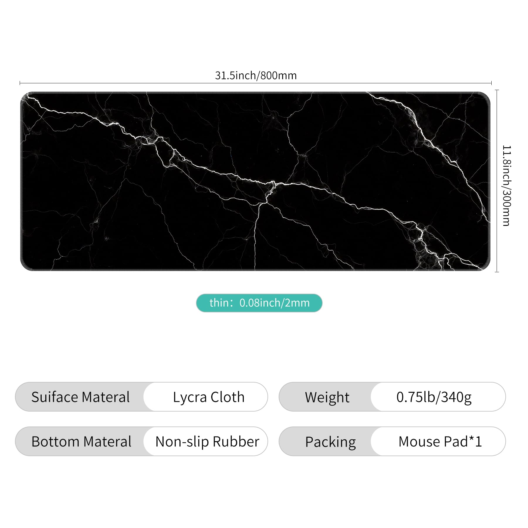 Dynippy Large Thin Mouse Pad with Stitched Edges, Black White Marble