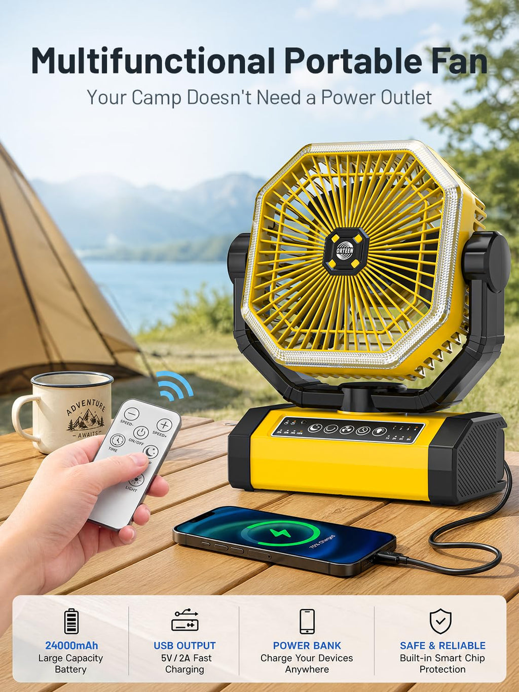 Battery Powered Fan - 9-Inch Rechargeable Fan Portable, 24000mAh(60Hrs) Camping Fans for Tent, Auto Oscillation Cordless, Tent Fans for Camping with Remote/light, 4 Speeds, 4 Timing, Outdoor, Yellow