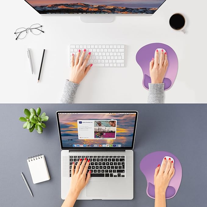 ITNRSIIET Ergonomic Mouse Pad, Cushioned Gel Wrist Rest, Non-Slip Base, Smooth Surface, Cute Multi-Color, 9.5 x 8.2 in, Purple Pink Gradient