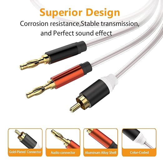 HOSONGIN RCA to Banana Plug Speaker Cable 6 Feet -2 Pack, Gold-Plated Dual-Shielding Hi-Fi Stereo Cable for Home Theater/Amplifier/Subwoofer/Speaker/Audio Receiver/Vinyl Record Player/SoundBar