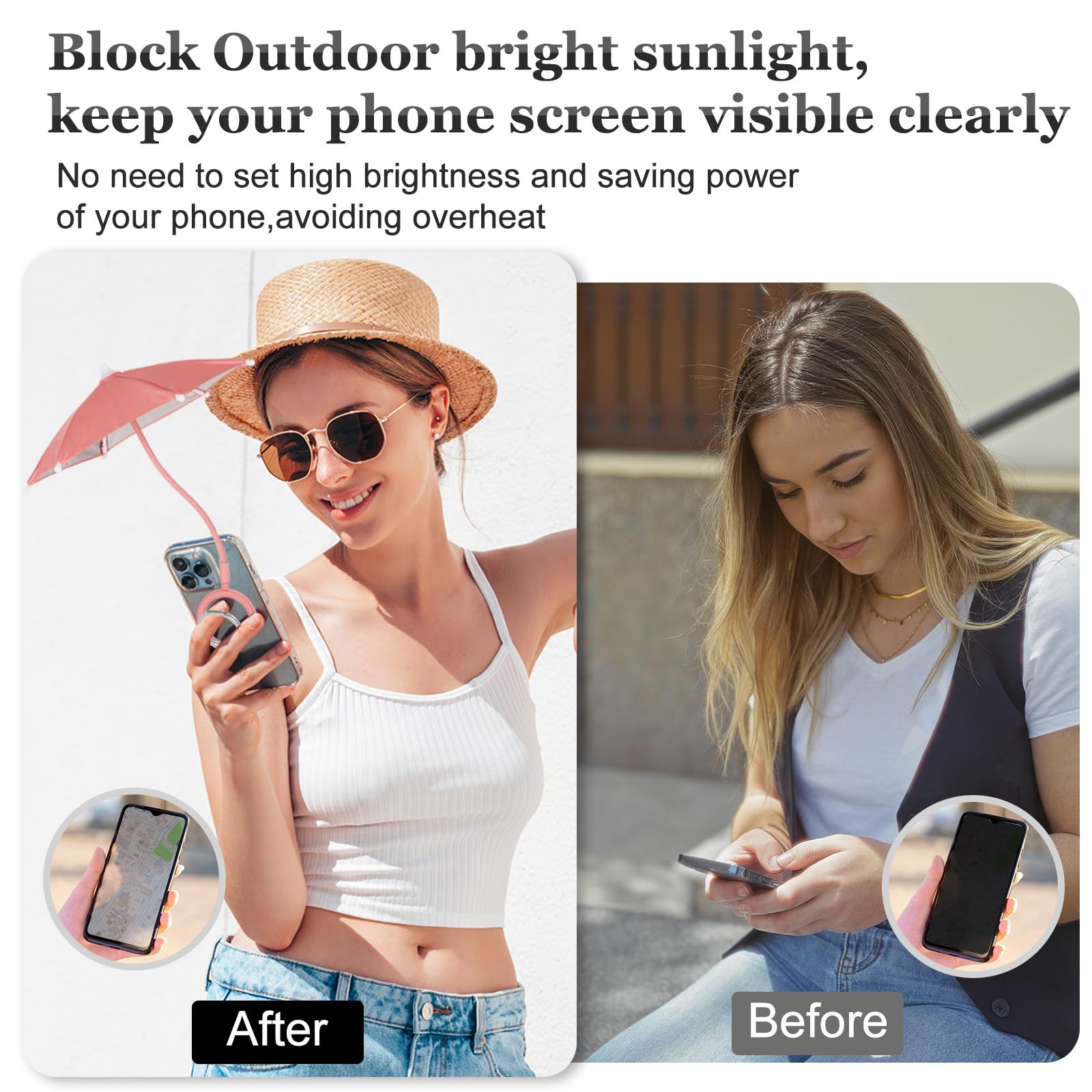 Magnetic Umbrella Phone Stand for Sun Protection,Adjustable Sun Shade Shield for iPhone 16/15/14/13/12 Pro Max,Samsung & Google,Detachable Ring Stand,Heat-Resistant Design,Car Mount Compatible, Pink