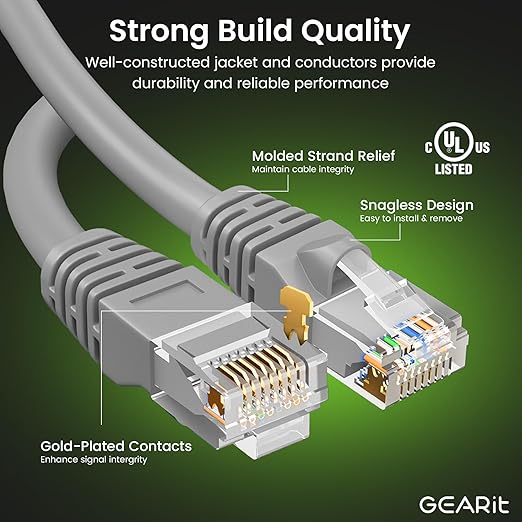 GEARit Cat 6 Ethernet Cable (5-Pack 1 Foot) Cat6 Network Patch, 10Gbps, RJ45, Snagless Cord, Gold-Plated Connectors, Internet for PC, TV, Tablet, Router, Printer, Servers, IT Data Center - Gray