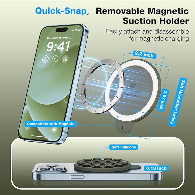 Magnetic Suction Cup Phone Mount for MagSafe Case, Silicone Hands-Free Phone Grip Holder for iPhone and Android, Mirror Shower Phone Stand for Makeup FaceTime Gym Kitchen Bathroom, Olive Green