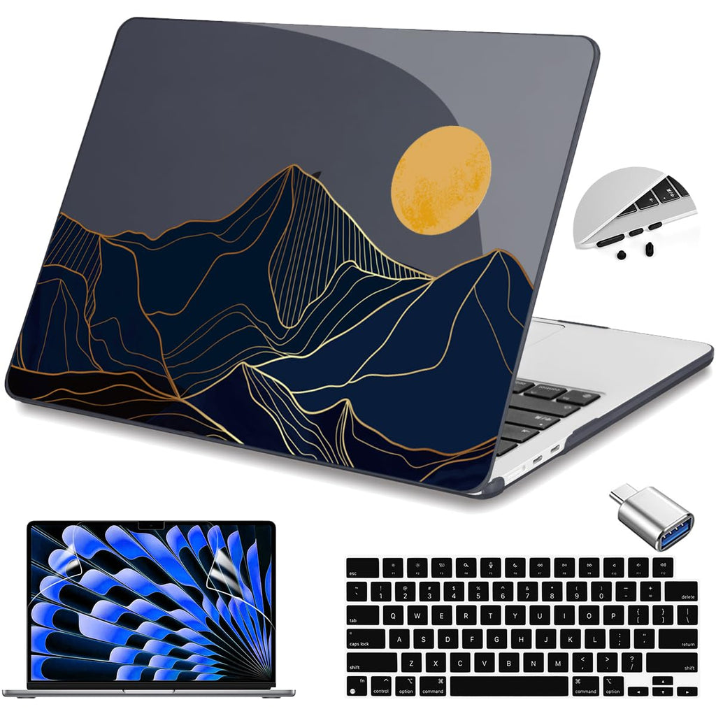 Teryeefi Compatible with MacBook Air 15 inch Case A2941 M2 A3114 M3 Release 2023 2024,Design Pattern Slim Cover + Keyboard Cover + OTG Adapter for 15.3 inch MacBook Air Liquid Retina, Mountain Line