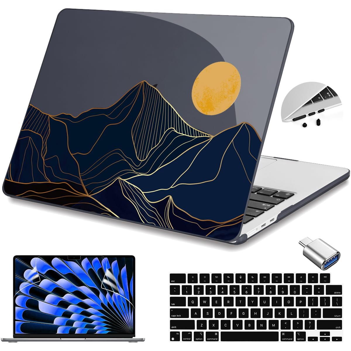 Teryeefi Compatible with MacBook Air 15 inch Case A2941 M2 A3114 M3 Release 2023 2024,Design Pattern Slim Cover + Keyboard Cover + OTG Adapter for 15.3 inch MacBook Air Liquid Retina, Mountain Line