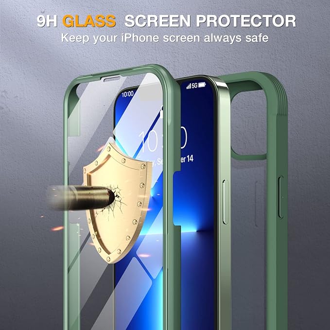Miracase Glass Case for iPhone 13 Pro Max 6.7 inch, Upgrade Full-Body Clear Phone Bumper Case Cover with Built-in 9H Tempered Glass Screen Protector, Acacia Green