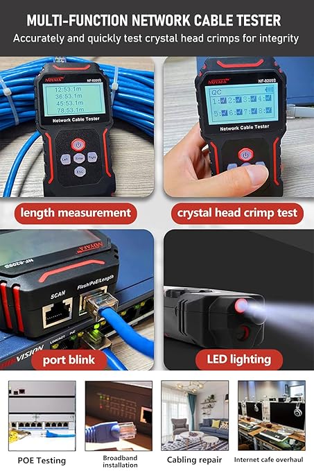 NF-8209S Network Cable Tester, RJ45 Ethernet Tester for POE/Cat5/Cat7/Cat6a/Cat6/Cat5e, Wire Mapper, Length, Open/Short, Wire Fault Locator, Ethernet LAN Network Toner Tool