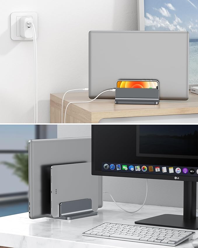 OMOTON [Updated Dock Version] Vertical Laptop Stand, Double Desktop Stand Holder with Adjustable Dock (Up to 17.3 inch), Fits All MacBok/Surface/Samsung/HP/Dell/Chrome Book (Grey)