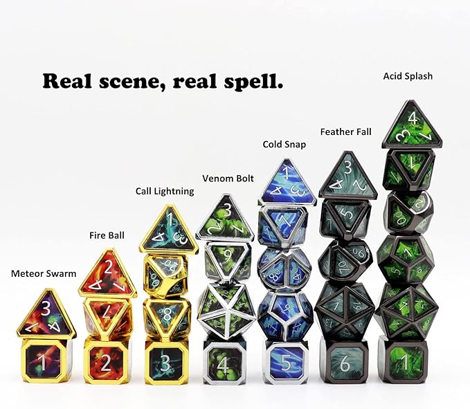 Haxtec Metal Dice Set D&D Acid Splash Real Scene Black Green Polyhedral DND Dice W/PU Leather Dragon Eye Dice Bag for TTRPG Compatible with Dungeons and Dragons Gifts