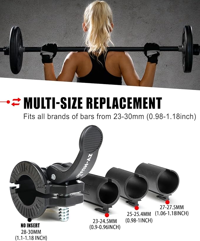 Pro Barbell Clips 1 inch Barbell Clamps 0.9-1.18inch Quick Release Weight Clips for Bars Multi-Size Adjustable Olympic Barbell Clamps
