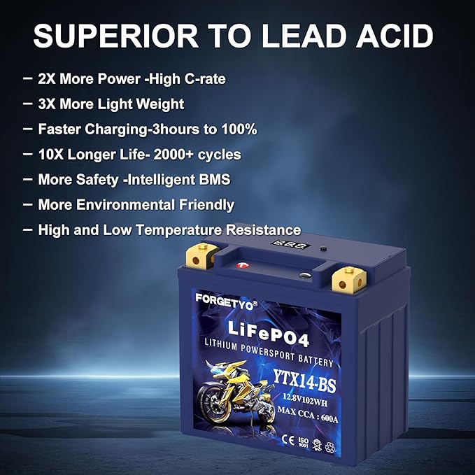 YTX14-BS Lithium Motorcycle Battery, ATV Battery 12V 8AH 600CCA Compatible with Yamaha Scooter Snowmobile Jet Ski, Scooter, PWC & More