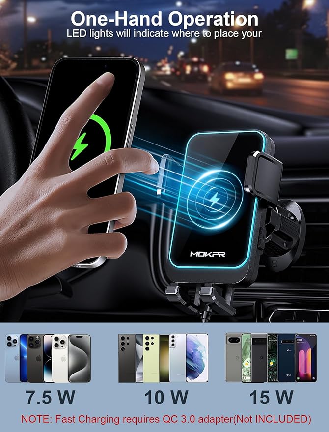 Wireless Car Charger, MOKPR 15W Fast Charging Auto Clamping Air Vent Car Phone Holder with LED Light Car Charger for iPhone 16 15/14/13/12 Pro Max Plus, Samsung S23/S22/S21,etc