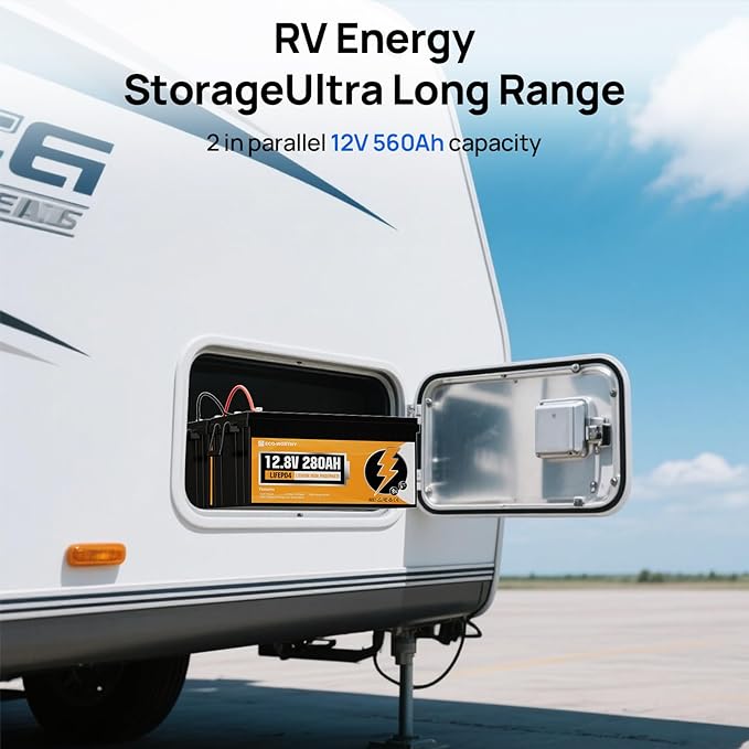 ECO-WORTHY 12V 280Ah 2 Pack LiFePO4 Lithium Battery with Bluetooth, Low Temp Protection, Built-in 200A BMS, 3584Wh Energy. Perfect for Off-Grid, RV, Solar System, Camper, Travel Trailer, Backup System