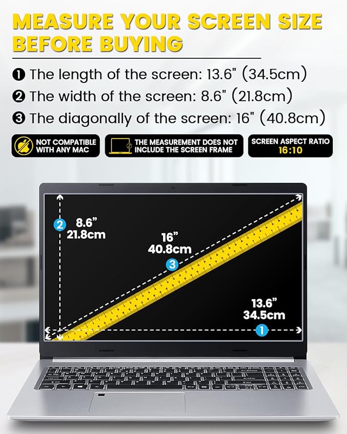 F FORITO 16 Inch 16:10 360° Laptop Privacy Screen Protector, Anti Peeping and Anti Glare Laptop Privacy Shield, Reduce Eye Strain & Eye Protection