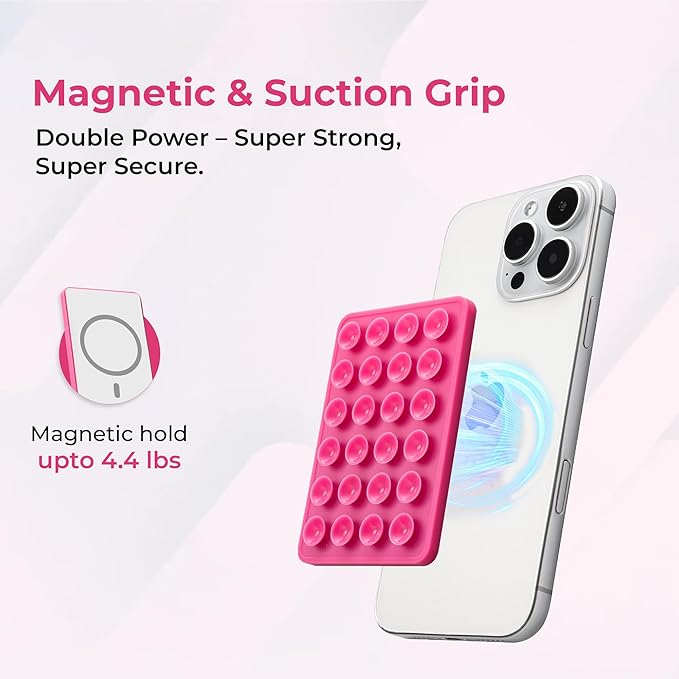 Sucky Upgraded Magnetic Suction Cell Phone Grip for MagSafe Case, Silicone Octo Cup Buddy Holder, Durable Magnet Phone Accessory for iPhone and Android (Hot Pink)