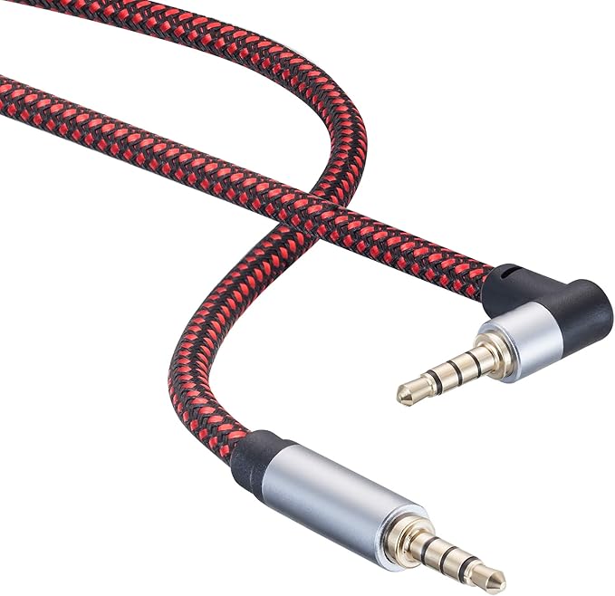 Male to Male Audio Cable 12Ft, 90 Degree TRRS 3.5mm 4 Pole Nylon Braided Stereo Auxiliary Cable for Headphones, PS4, Phone, Tablets, Headset, PC, Laptop and More
