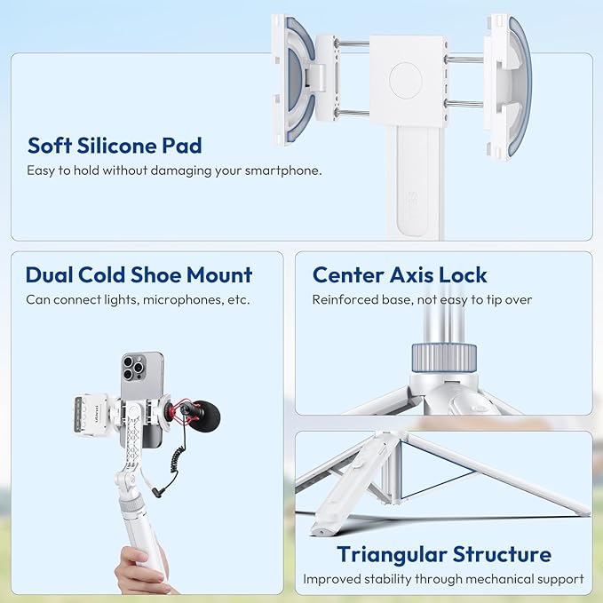 ULANZI TT88 Magnetic Tripod for iPhone, 57" Extendable Selfie Stick with Remote, 2-in-1 Phone Clip & Dual Cold Shoe Mounts-Lightweight Phone Tripod Stand for Vlogging, Travel, Video Recording (White)