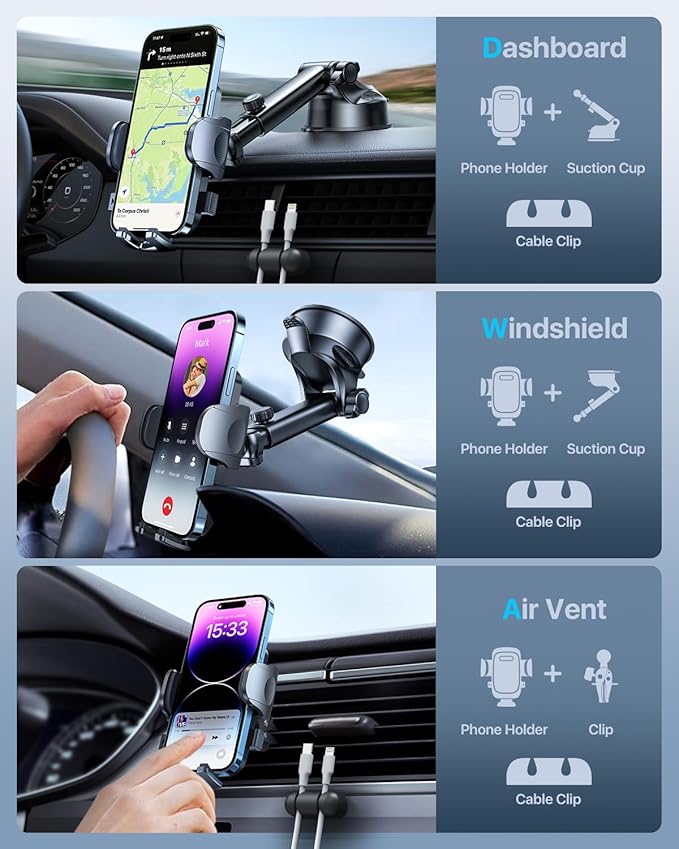 HTU [True Military-Grade] 2025 Upgraded Car Phone Holder 【Safety Certs & No Smell】 Cell Phone Holder for Car Mount for Dashboard Windshield Air Vent Long Arm Thick Case,Purple
