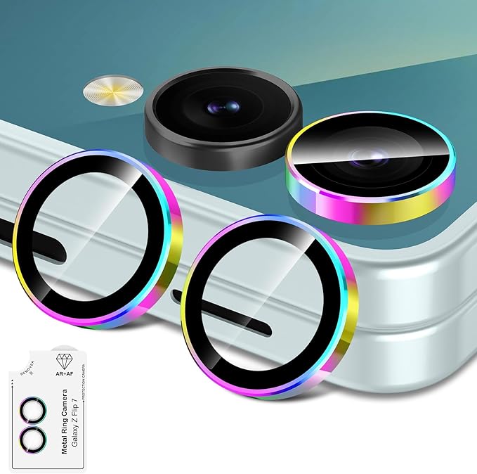 for Samsung Galaxy Z Flip 7 Camera Lens Protector, Individual Metal Ring Tempered Glass Lens Cover, [Strong Adsorption] Scratch Resistant Ultra-Thin HD Clear Lens Cover, 1 Set-Colorful Ring