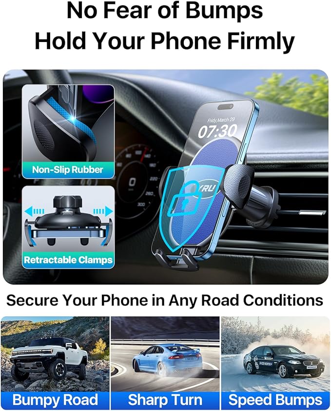YRU Car Phone Holder [2025 Upgraded Metal Hook Clip], Phone Holders for Your Car [No Fear of Bumps] Air Vent Phone Mount Widely Compatible with iPhone16 15 14 13 Samsung Android Smartphones (Sapphire)
