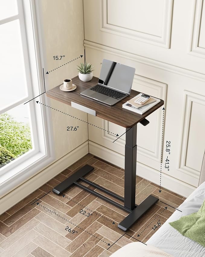 FLEXISPOT H7 PRO Mobile Standing Desk Adjustable Overbed Table Pneumatic with Wheels 90°Tiltable Portable Laptop Desk Rolling Computer Cart Foldable Bedside Table(27.6" W x 15.7" D, Rustic Brown)