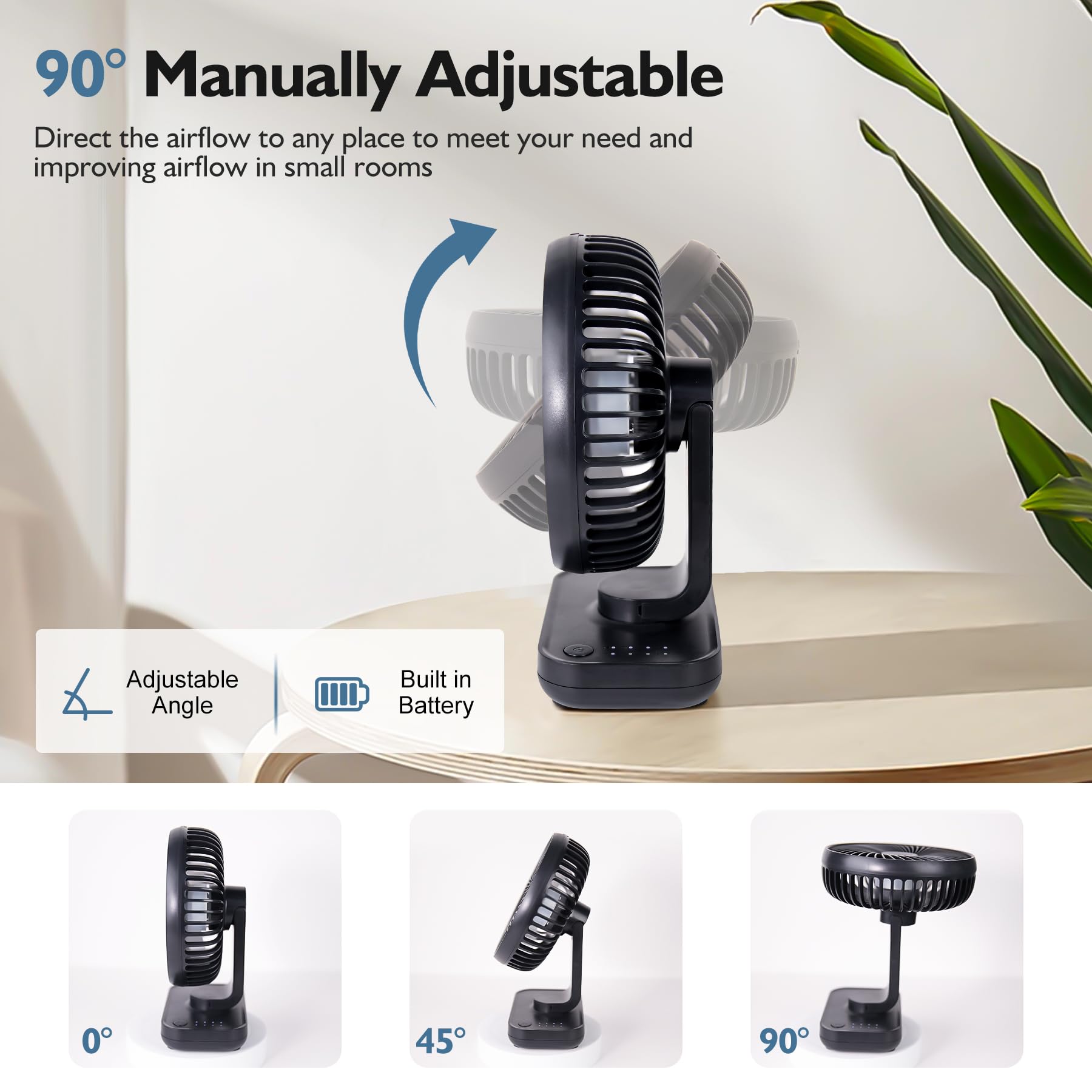 CONBOLA Small Desk Fan for Bedroom, 3600mAh Battery Powered Rechargeable Fan, USB Fan for Desk, 4 Speeds Air Circulator Quiet Table Fan for Home Office, Blue