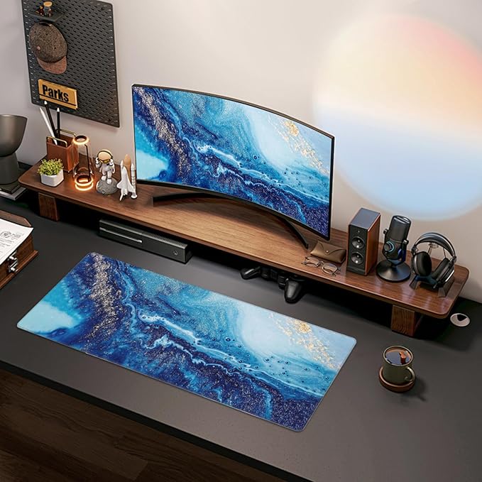 Mouse Pads Navy Blue Gold Modern Abstract Marble Large Mouse Pad, Gaming Mousepad, Keyboard and Mouse Pad with Stitched Edges,PC Desk Mat for Game,Work,Office(31.5"*11.8")